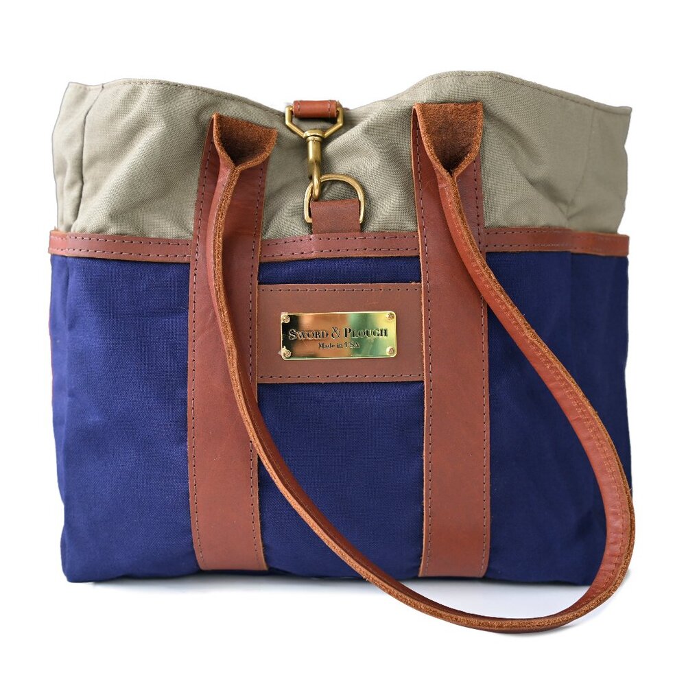 Sword & Plough Signature Tote Bag Blue and Tan w/Leather Made In USA-Like New - Picture 11 of 16